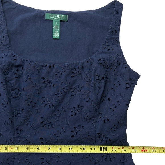 Lauren Ralph Lauren Sleeveless Eyelet Fit & Flare Dress Size 6 Navy Blue Lined - Picture 6 of 9